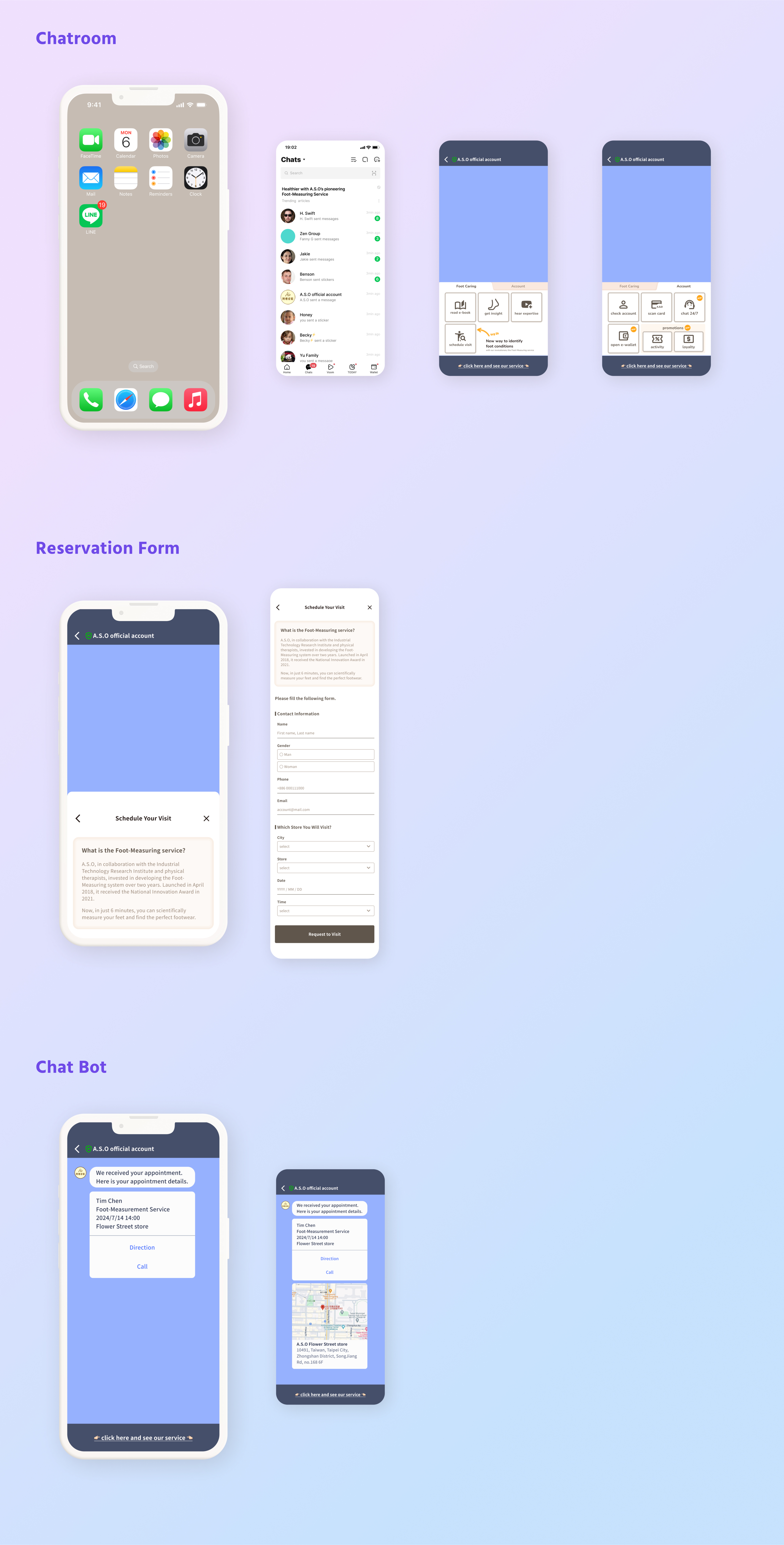 Final design of three solutions, including menu, reservation form, and chat bot.
