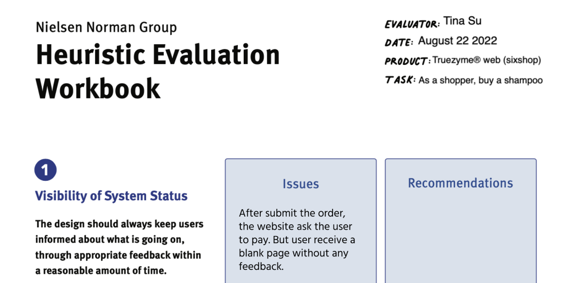 A screenshot of using the Nielsen Norman Group heuristic evaluation workbook.